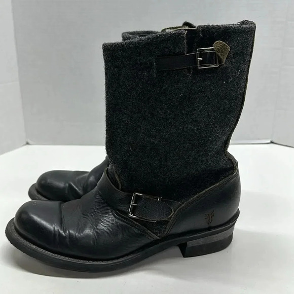 Frye Veronica Charcoal Engineer Wool Leather Moto Low Heeled Boots Gray Size 10 - Picture 5 of 11